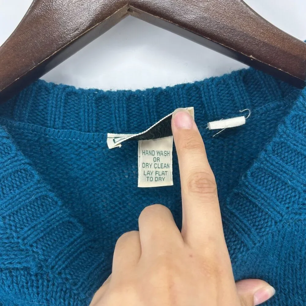 Vintage LL Bean Wool Fisherman Sweater Teal Pullover Made In Ireland Chunky